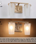 Gold Bathroom Vanity Light Fixture Dope 2 Light Modern Bath Lighting with White Frosted Glass Shades Deep Gold Finish, on and off views.
