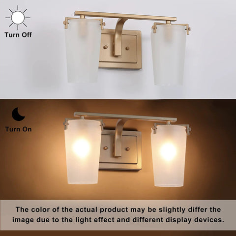 Gold Bathroom Vanity Light Fixture Dope 2 Light Modern Bath Lighting with White Frosted Glass Shades Deep Gold Finish, on and off views.
