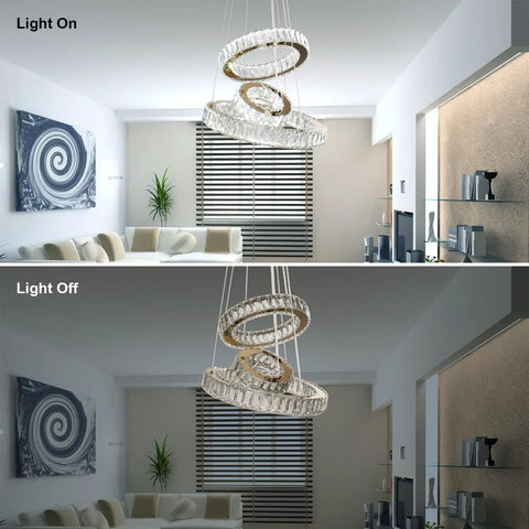 Modern Gold Finish Three Ring LED Crystal Chandelier Pendant Light For Living Room Dining Room Bedroom Foyer With Adjustable Height And 50W Power 85 265 Volt Cool White shown on and off in living room
