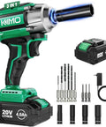 Heavy Duty Cordless Impact Wrench With 1/2 Inch Drive And 20V High Torque Motor, includes battery and drill bits.
