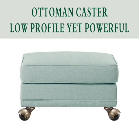 Side view of a teal fabric ottoman on two antique-brass caster wheels.