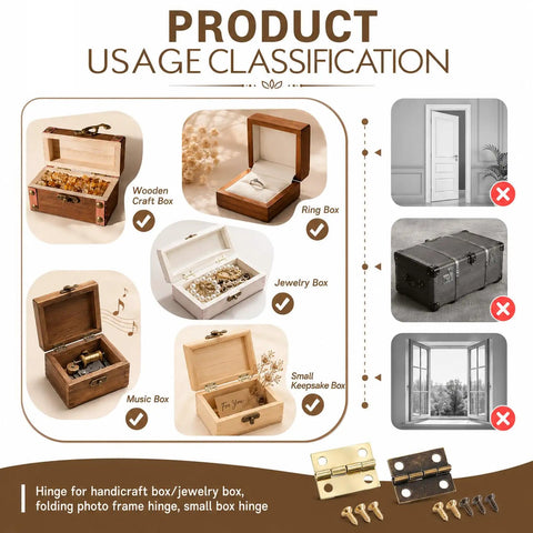 Image showing the Top Shelf Mini Brass Hinge Kit With Antique And Dope Gold Finishes for various decorative boxes usage.