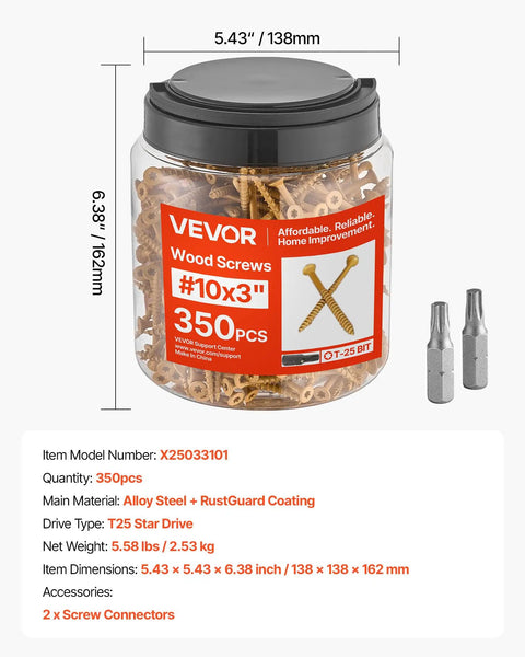 All Weather Tough Number 10 X 3 Inch Exterior Deck Screws 350 Count Pack in a round container with Torx T25 drive.