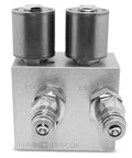 Front view of aluminum Summit HM2-08 hydraulic manifold with dual P1/P2 ports and two top valves.