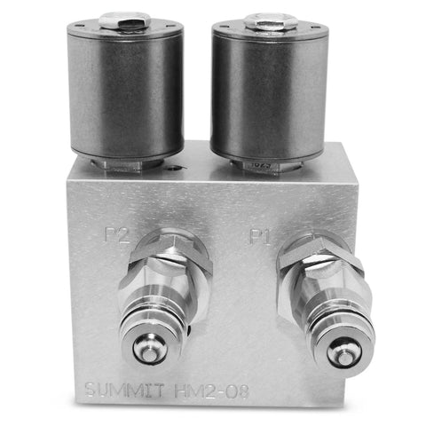 Front view of aluminum Summit HM2-08 hydraulic manifold with dual P1/P2 ports and two top valves.