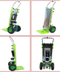 Must-Have Heavy Duty Electric Hand Truck Stair Climber Cart With Removable Battery And Telescopic Handle For Lifting Heavy Loads Up To 400kg On Stairs And Rough Terrain Without Breaking A Sweat Or Back, shown from various angles.