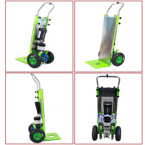 Must-Have Heavy Duty Electric Hand Truck Stair Climber Cart With Removable Battery And Telescopic Handle For Lifting Heavy Loads Up To 400kg On Stairs And Rough Terrain Without Breaking A Sweat Or Back, shown from various angles.