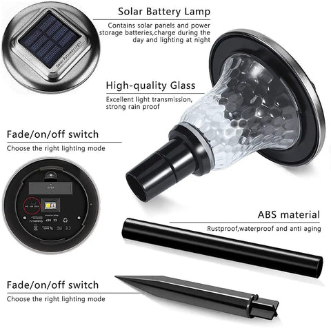 Components of Solar Outdoor Path Lights 6 Pack with Lit Color Changing and Static Warm Glow Modes, Waterproof design details.