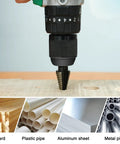 Five Piece Step Drill Bit Set For Metal With Titanium Coating Includes Five Step Bits Ranging From Small To Large Plus Five Countersink Bits Center Punch And Aluminum Case Replacing Fifty Traditional Drill Bits For DIY Projects And Home Repairs in use drilling through wood surface.