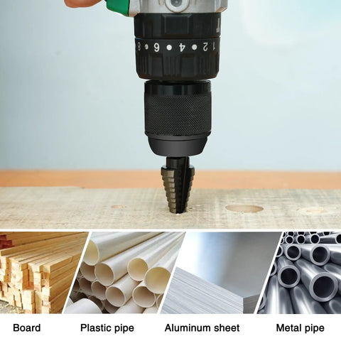 Five Piece Step Drill Bit Set For Metal With Titanium Coating Includes Five Step Bits Ranging From Small To Large Plus Five Countersink Bits Center Punch And Aluminum Case Replacing Fifty Traditional Drill Bits For DIY Projects And Home Repairs in use drilling through wood surface.