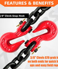 G80 Heavy Duty Binder Chain 3/8 Inch By 10 Foot With Clevis Grab Hooks 7100 Lbs Safe Working Load for transport towing