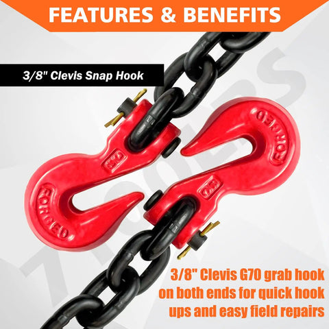 G80 Heavy Duty Binder Chain 3/8 Inch By 10 Foot With Clevis Grab Hooks 7100 Lbs Safe Working Load for transport towing