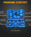 weyleity 9-piece hose clamp plier set in blue case, front view with assorted pliers and dual-headed screwdriver