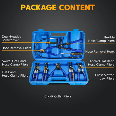 weyleity 9-piece hose clamp plier set in blue case, front view with assorted pliers and dual-headed screwdriver