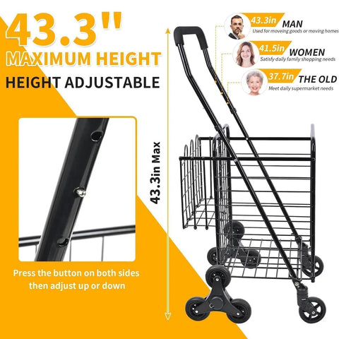 All Terrain Grocery Cart With 360 Degree Swivel Wheels And Stair Climber, height adjustable handle at 43.3 inches.