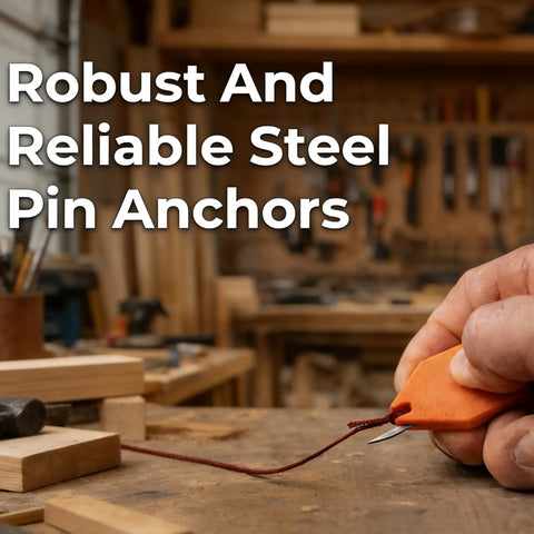 Rope Anchor Hook One-Handed Steel Pin Rope Fixer For Carpentry And Construction in use, orange tool holding red rope on workbench
