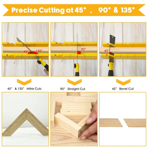 4 Piece Miter Box And Saw Set With A 2.68 By 12 Inch Miter Box And Three Saws For Quick Bevel And Miter Cuts From Hardwood To Soft Metals DIYer Friendly For Light Duty Projects, demonstrating precise miter and bevel cuts.
