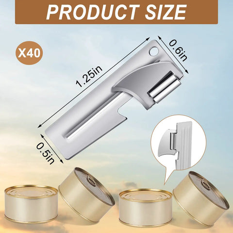 40 Pack Manual Stainless Steel Can Openers for Camping and Travel showing dimensions on a sky background