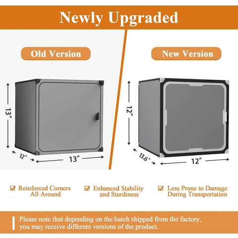 Comparison of old and new versions of Totally Versatile 4 Cube Storage Organizer With Doors showing size and design upgrades.