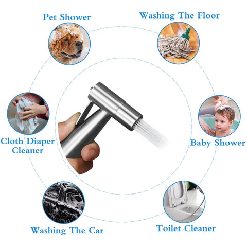 Handheld Bidet Sprayer For Toilet With Adjustable Water Pressure Stainless Steel Hose Attachment shown with various uses.