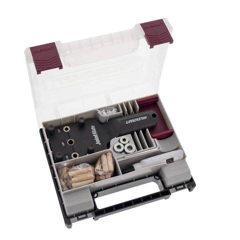Self Centering Dowel Jig Kit For Woodworking, Handy Handheld Dowel Jig with metal bushings, depth stops, accessory pack in case