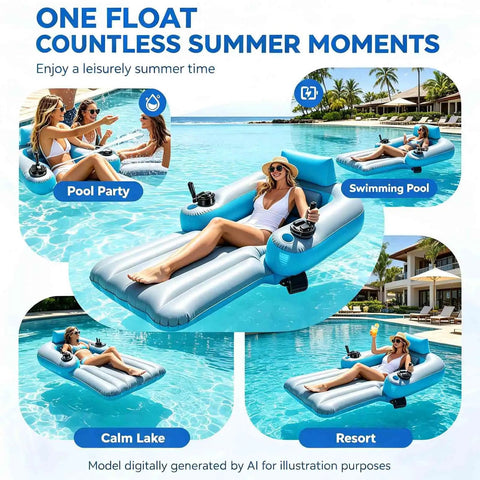 Rechargeable Dual Motor Electric Pool Lounger Inflatable Water Float with two motors and compartments, woman relaxing in pool.