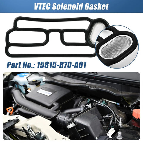 Honda VTEC Solenoid Valve Gasket For Acura Honda Models Oil Leak Prevention With Premium Rubber Core Triple Seal Technology And Self Venting Design For Engine Variable Valve Timing And 100000 Miles shown uninstalled next to engine.