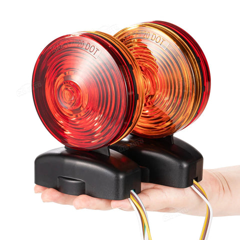 CZC Auto 12V magnetic trailer lights, two round red and amber lenses on black bases with wiring (front view)