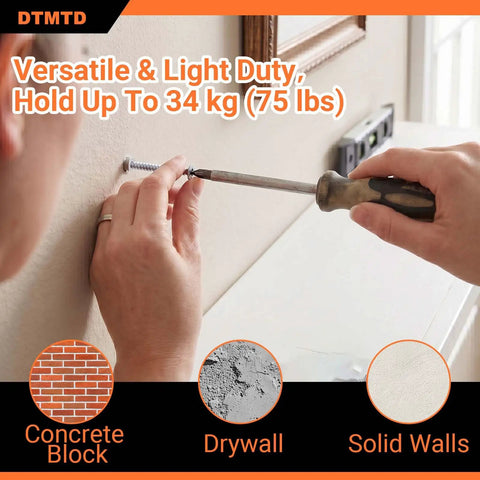 Person using a screwdriver to install white screw from 120 Piece Self Drilling Drywall Anchors And Screws Kit into drywall.