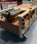 Hella Sturdy Workbench Casters Kit With Pedal Operated Lift Lower Mechanism Retractable 360 Degree Swivel Wheels on a workbench with saw.