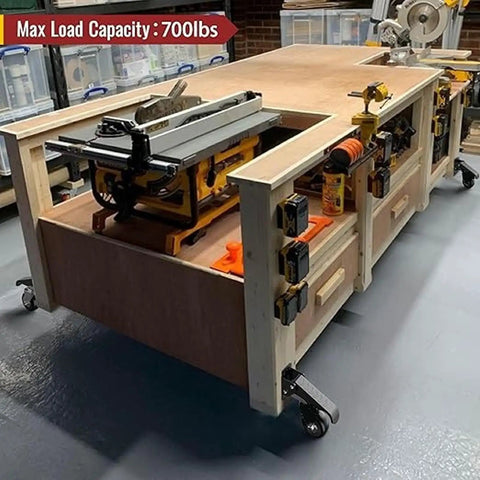 Hella Sturdy Workbench Casters Kit With Pedal Operated Lift Lower Mechanism Retractable 360 Degree Swivel Wheels on a workbench with saw.