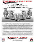 Front view of four Service Caster rigid top plate V-groove wheel casters with 4-inch wheels