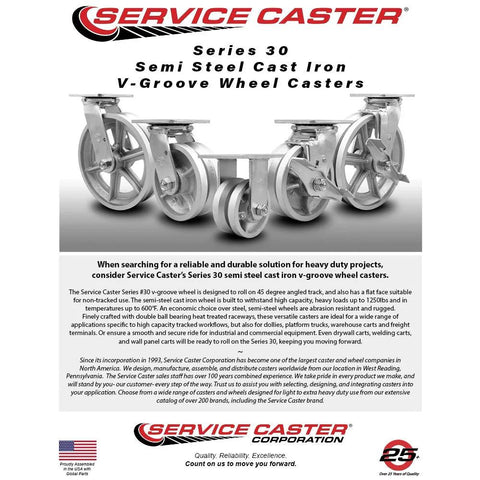 Front view of four Service Caster rigid top plate V-groove wheel casters with 4-inch wheels