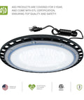 Close-up of UFO LED High Bay Light 150W Dimmable, 19,479 Lumens, 5000K Daylight, UL DLC Premium with cord