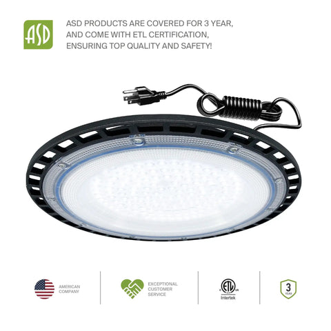 Close-up of UFO LED High Bay Light 150W Dimmable, 19,479 Lumens, 5000K Daylight, UL DLC Premium with cord
