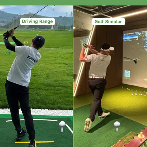 Golfer using Hardcore Rubber Golf Tees For Mats And Indoor Simulators outdoors and indoors on driving range and simulator.