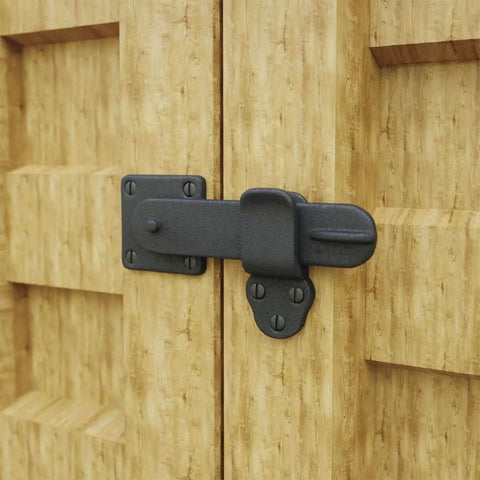 Five And Three Quarters Inch Black Wrought Iron Barn Door Latch Tough As Nails With Mounting Hardware installed on wooden door