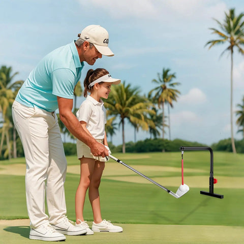 Father and child using Go-To Golf Swing Trainer And Practice Aid, Heavy Duty Metal Stand, Portable And Easy To Set Up, on golf course