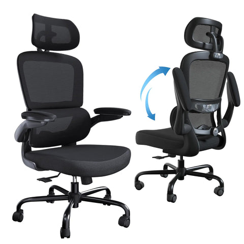 Ergonomic Office Chair With Adjustable Headrest And Lumbar Support, breathable mesh back, flip up armrests, black
