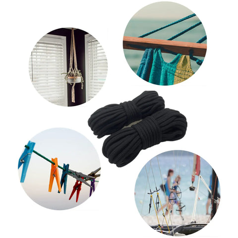 Two Pack Soft Cotton Rope Set 32 Feet Each 8mm Diameter Multipurpose Black for DIY, Home Decor, Macrame, and Camping