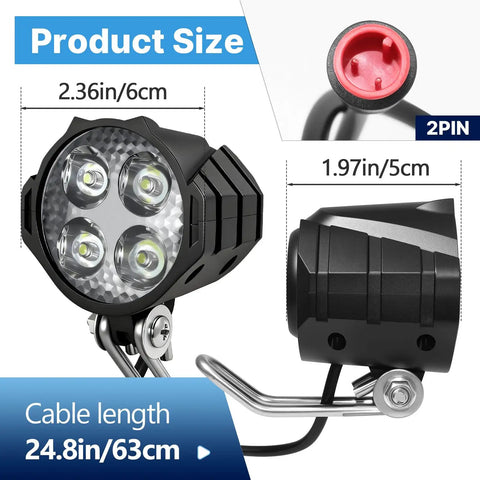 Ride Ready Electric Bike Front Headlight With 2 Pin Waterproof Connector For 36V To 60V Systems, Easy Install Inside Controller Or Mid Drive, Waterproof Front Light For Electric Bicycles Mountain Bikes And Scooters