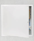 Dead Nuts Secure 24X24 Inch Flush Access Panel Door With Tough Galvanized Frame And Smooth Cam Latch, open to show plumbing access.