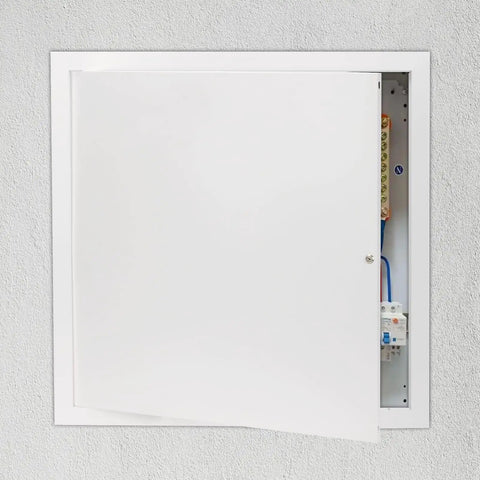Dead Nuts Secure 24X24 Inch Flush Access Panel Door With Tough Galvanized Frame And Smooth Cam Latch, open to show plumbing access.
