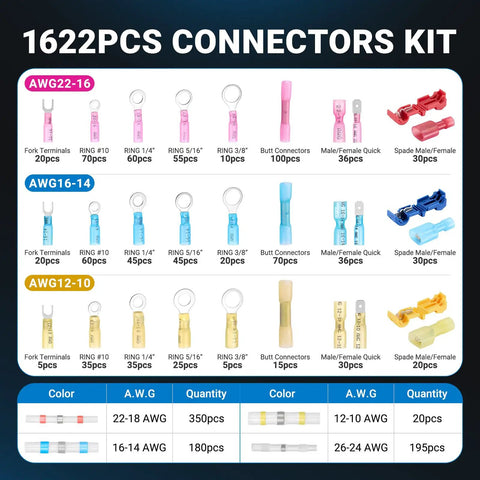 1622 Piece Heat Shrink Wire Connector Kit With T Tap No Splice Joints Solder Seal Terminals