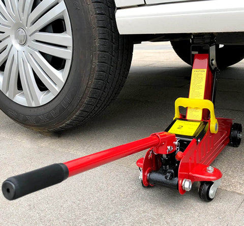 2 Ton Floor Jack Replacement Handle for Car Jack installed on red horizontal hydraulic jack lifting car