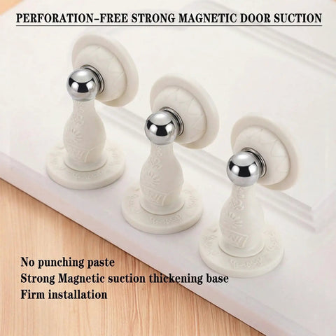 Heavy Duty Magnetic Door Stopper 2 Pack With Peel And Stick Adhesive Silicone Wall Protector No Drill Floor Catch For Renters And Home Office White Pro Move Design, showing three door stoppers on a wooden surface.