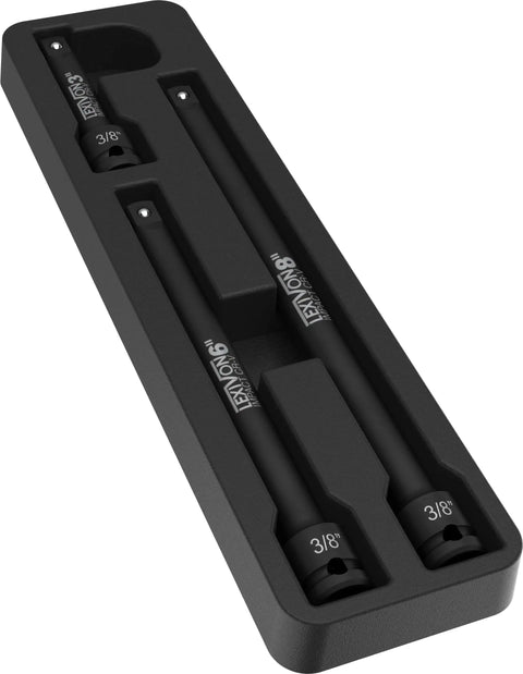 Impact Driver Extension Bar Set Three Eighths Inch Drive Three Piece Long Bars In 3 6 And 8 Inches Organized In A Tray Hardened And Heat Treated Chrome Vanadium Steel