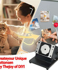 Square Magnet Button Cutter For Paper And Photos, 2x2 Inch Punch Cutter, ergonomic handle, in a DIY setup with photos on board