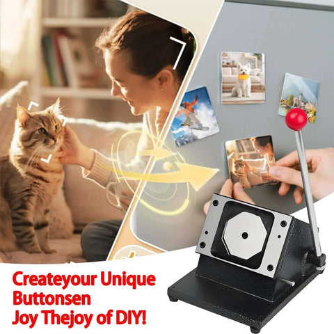 Square Magnet Button Cutter For Paper And Photos, 2x2 Inch Punch Cutter, ergonomic handle, in a DIY setup with photos on board