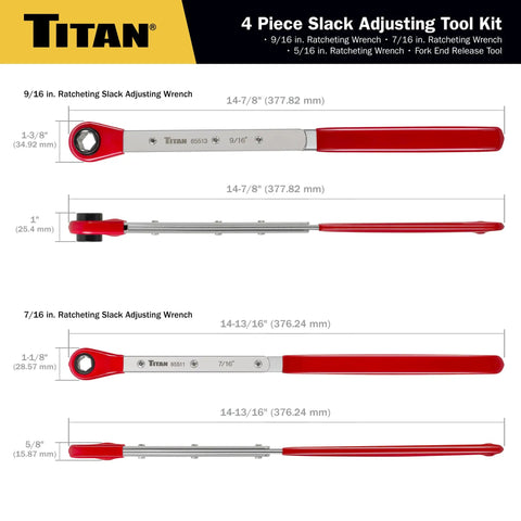 Slack Adjusting Tool And Wrench Kit Four Piece Set For Heavy Duty Truck Brakes with detailed dimensions and measurements